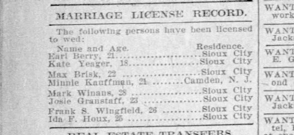 Marriage license Clarence Earl Berry and Katrina Yeager